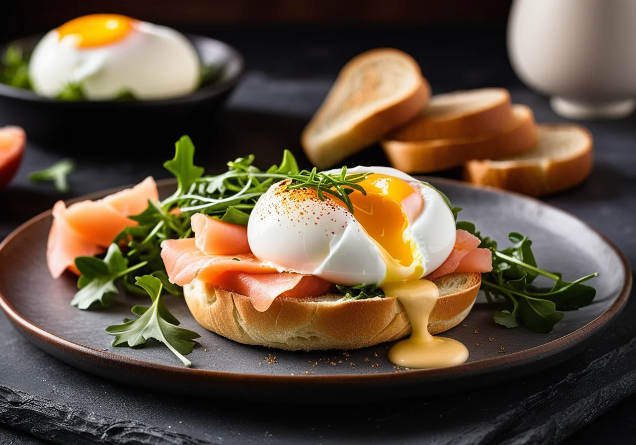 Bread rolls with poached egg and salmon