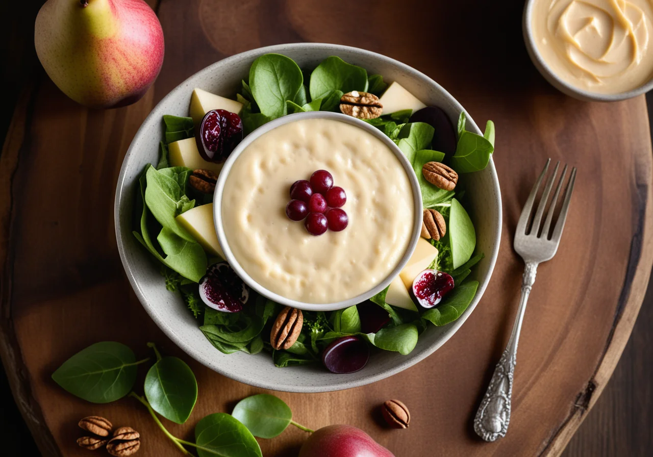 Leafy salad with red wine poached pears and Epoisses de Bourgogne