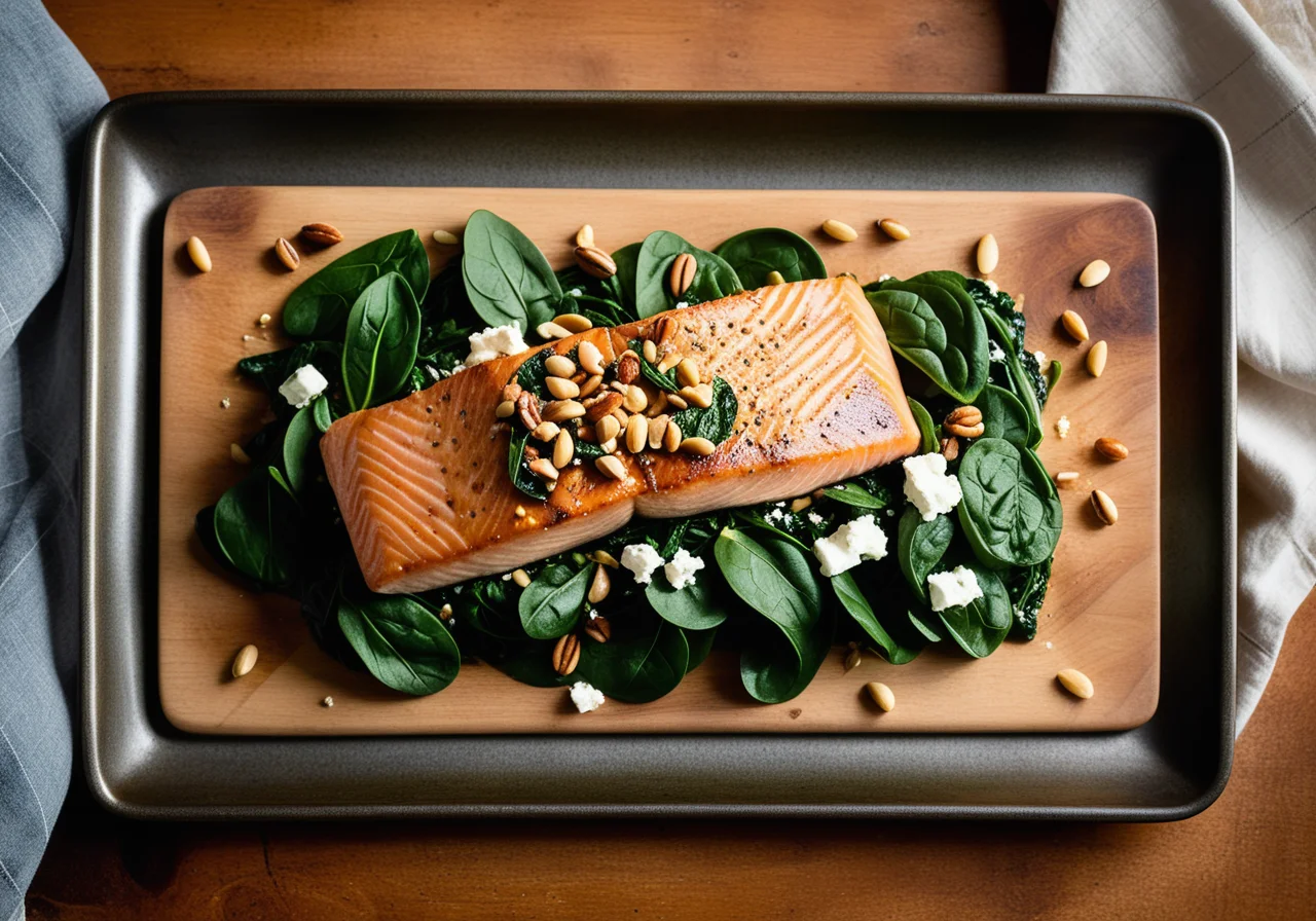 Pan-Seared Salmon Fillets with Feta Spinach