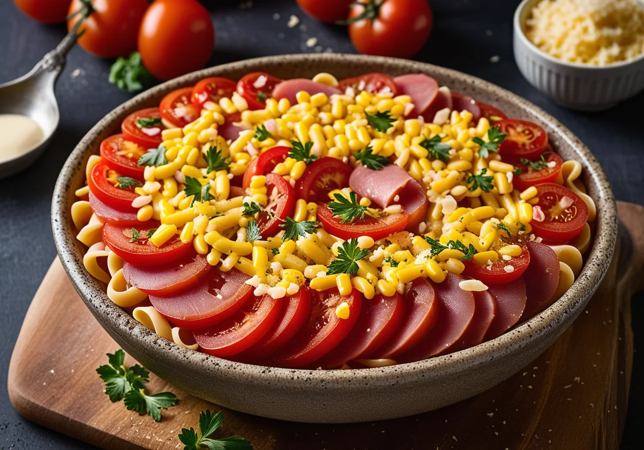 Spiral Pasta Tomato Gratin with Ham and Corn