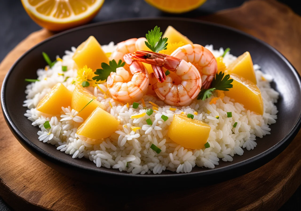 Shrimp tails with rice and edible flowers
