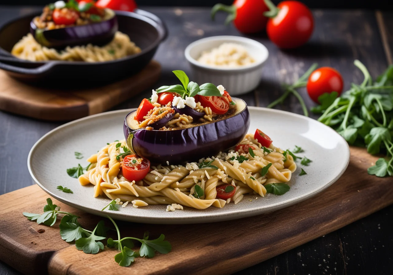 Eggplant stuffed with noodles