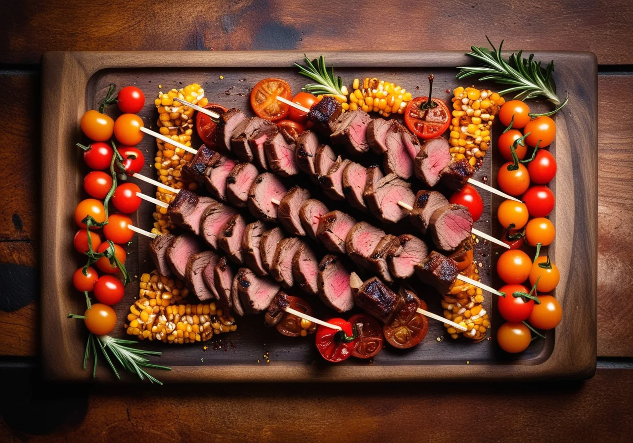 Grilled Shoulder Skewers with Corn on the Cob