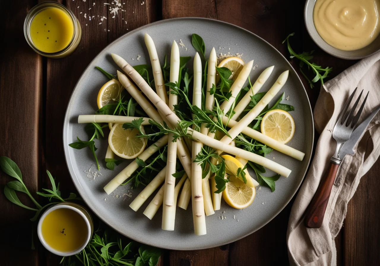 White Asparagus with Lemon Anchovy Sauce and Parmesan Potatoes