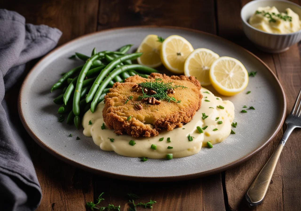 Chicken Schnitzel with Mashed Potatoes and Green Beans