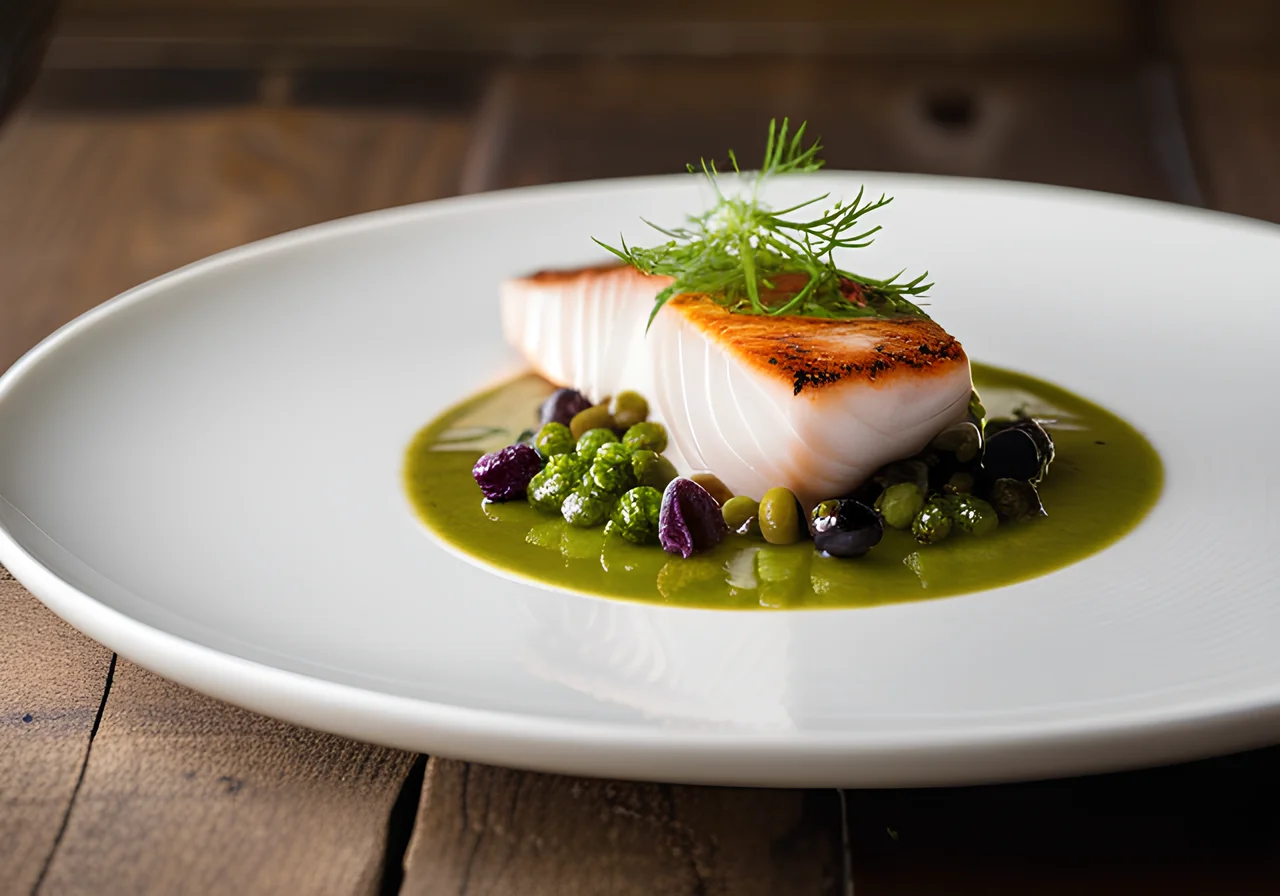 Poached Skrei Fillet with Chili Lime Sauce and Tapenade