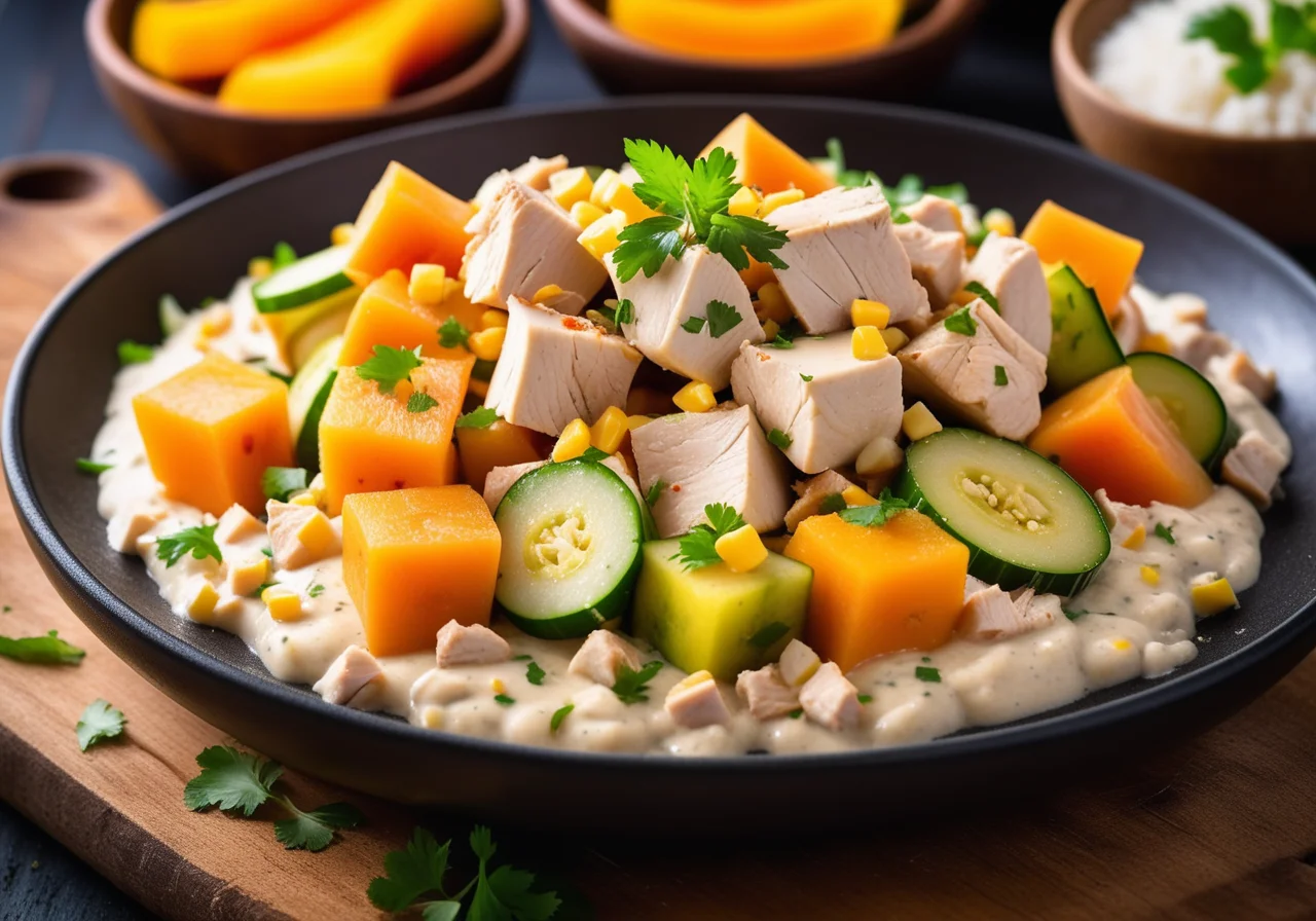 Chicken with Corn, Papaya and Zucchini