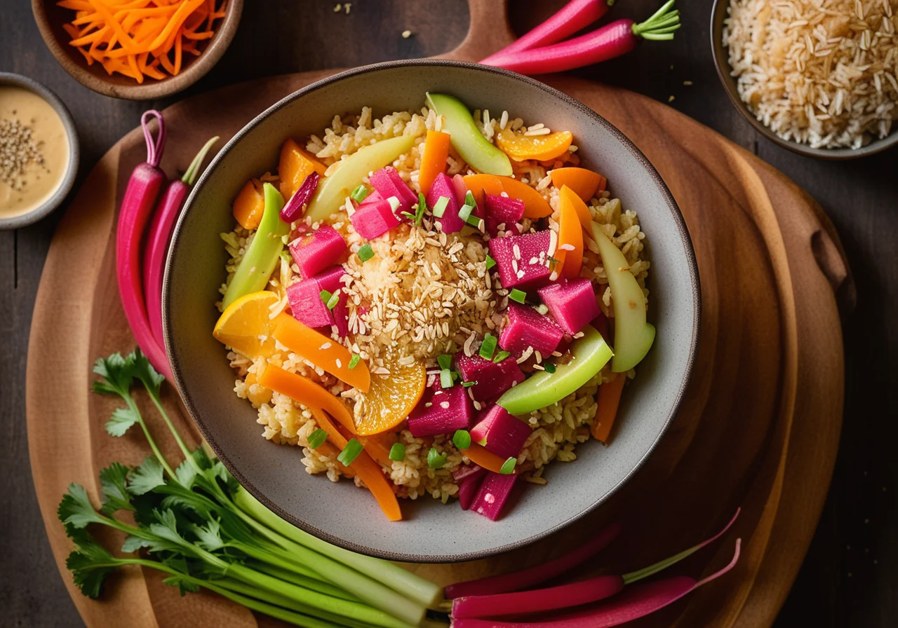Vegetable pan with rhubarb and rice