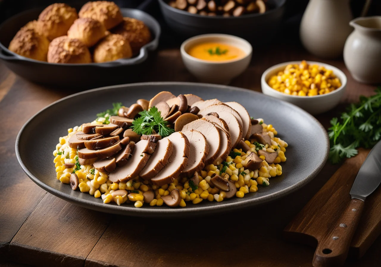 Turkey Strips with Mushrooms and Carrot‑Corn Puffs