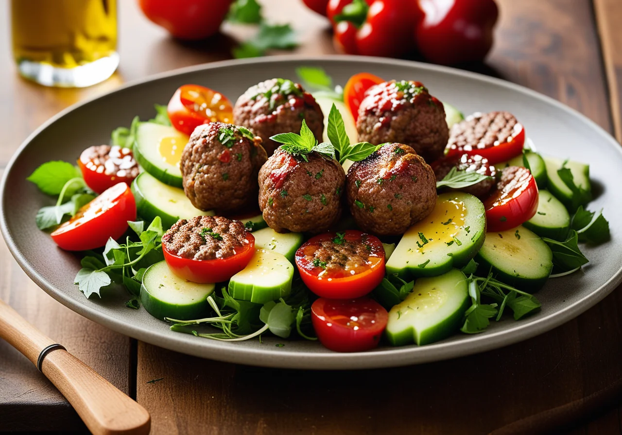 Skewered Ground Meatballs with Salad