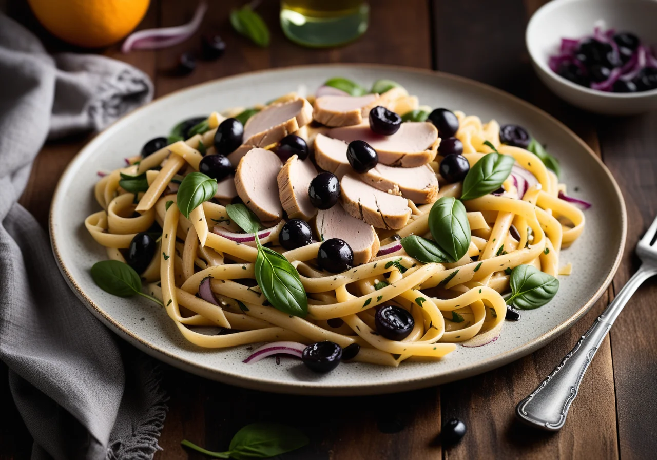 Pasta with Chicken, Olives and Red Onions