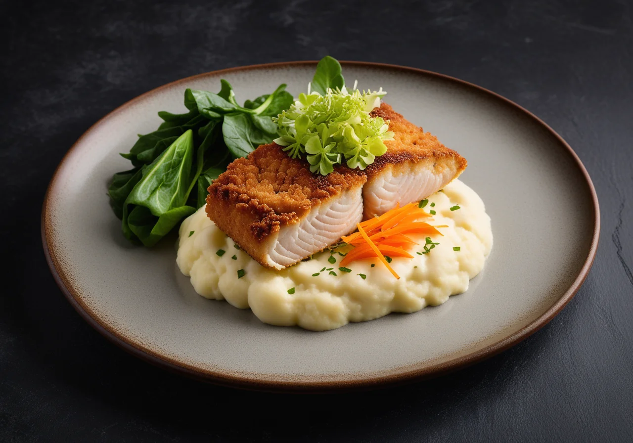 Breaded Fish Fillet on Mashed Potatoes