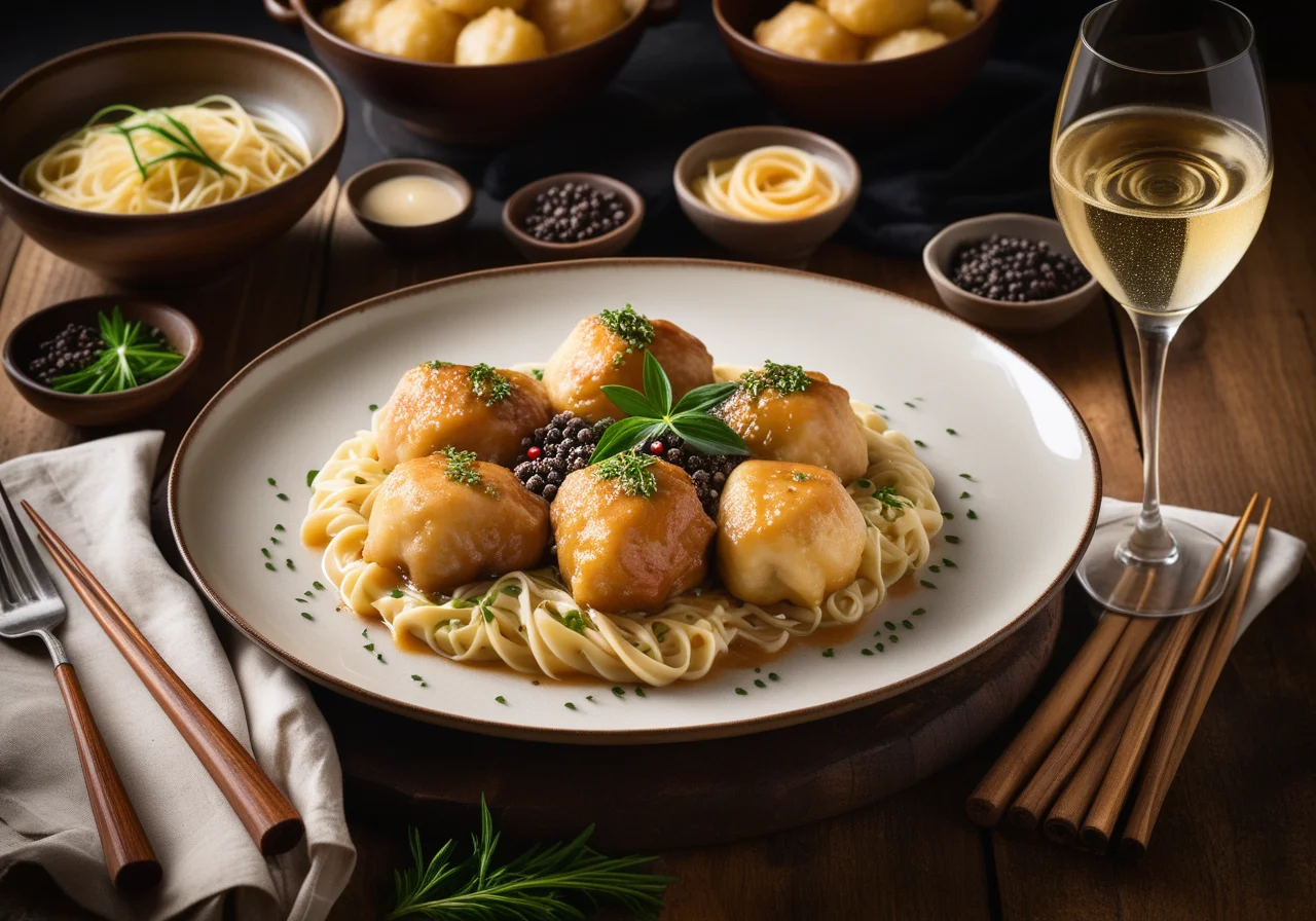 Duck Leg Dumplings with Potato Noodles, Champagne Herb, and Cream Sauce