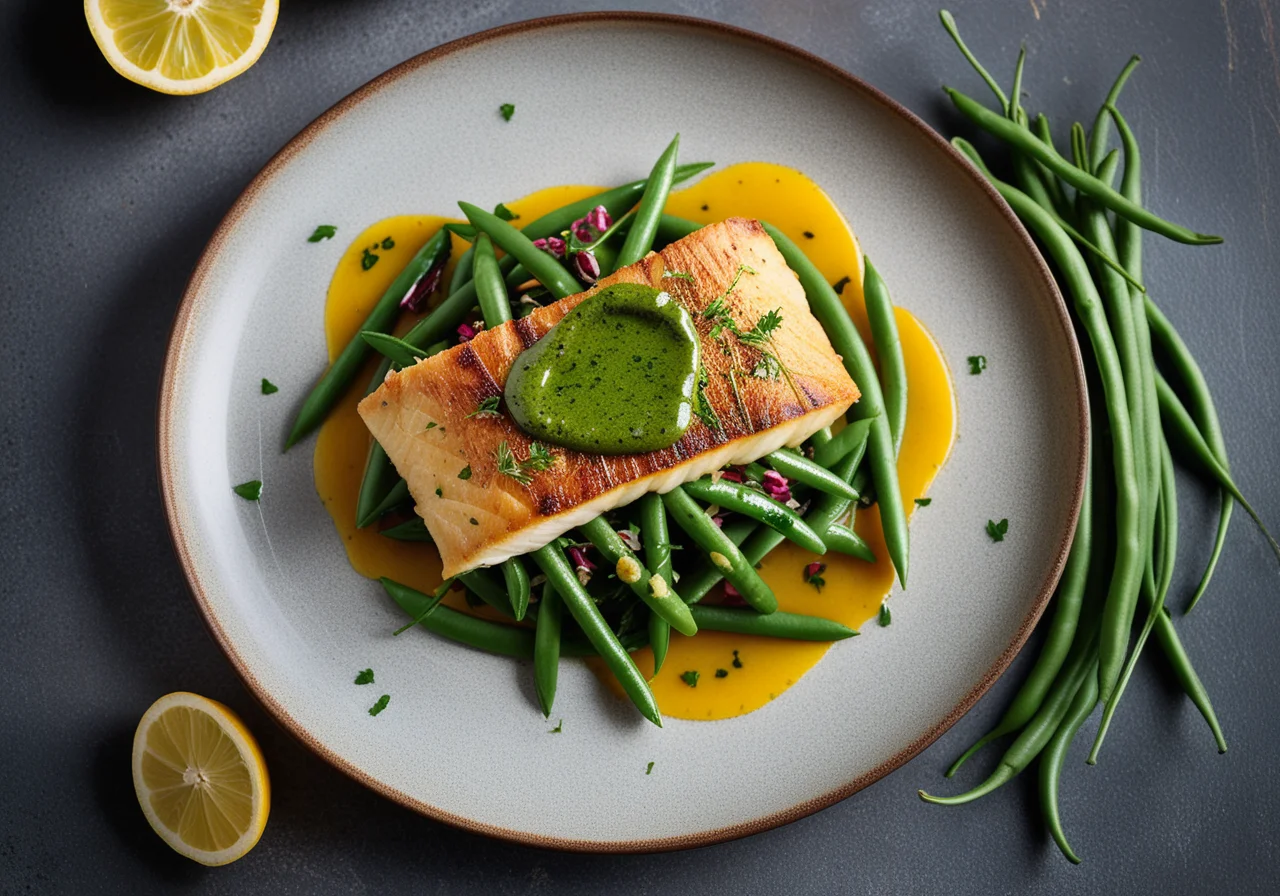 Pikeperch Fillet with Olives and Parsley, served with Green Beans