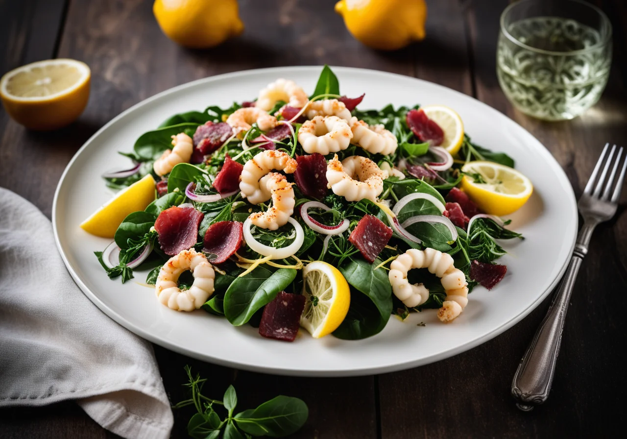 Swiss Chard Salad with Calamari and Salami