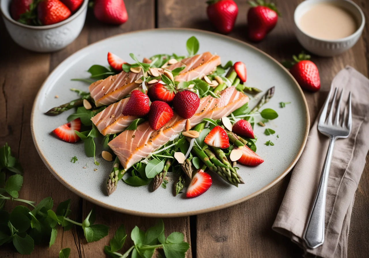 Asparagus Salad with Strawberries, Smoked Trout and Almonds