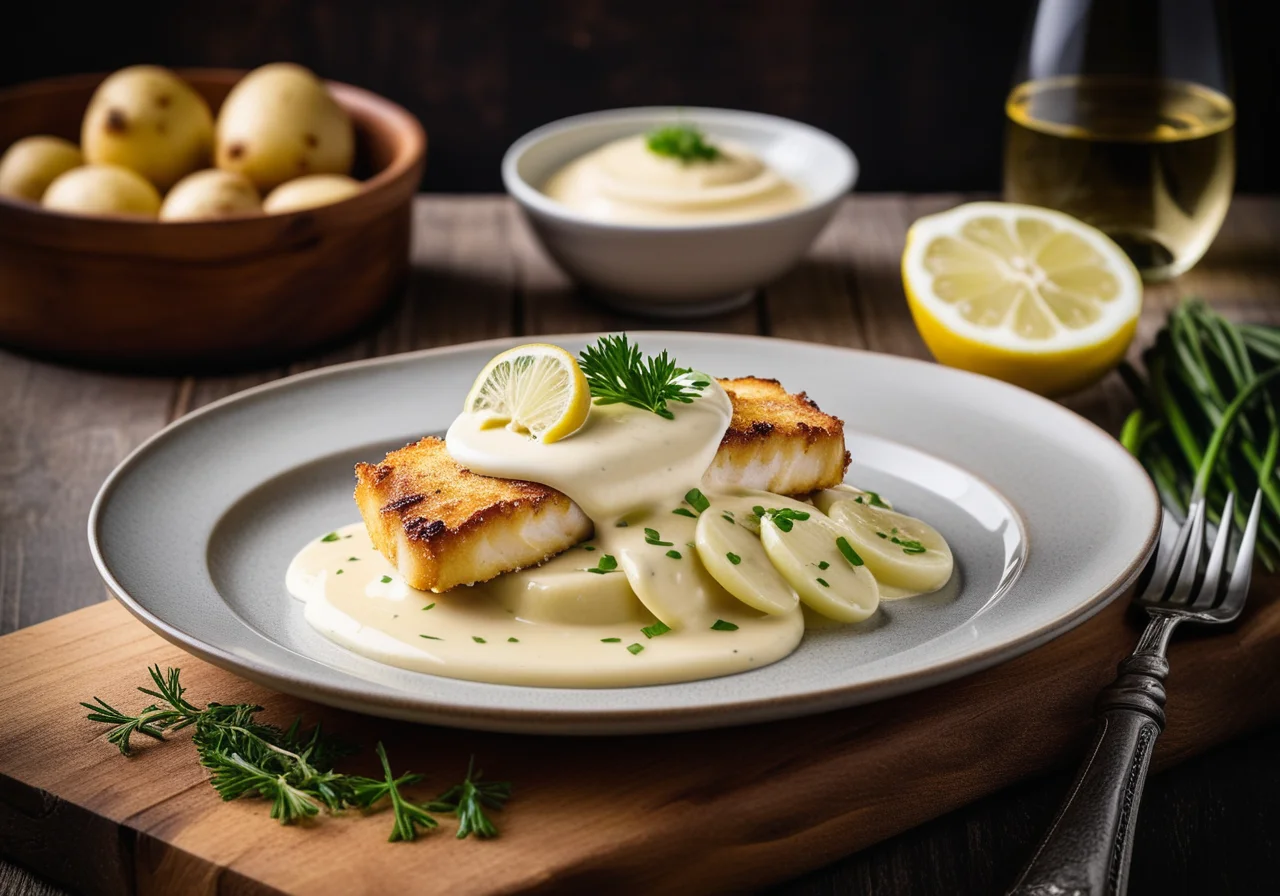 Baked Pikeperch with White Wine Cream Sauce