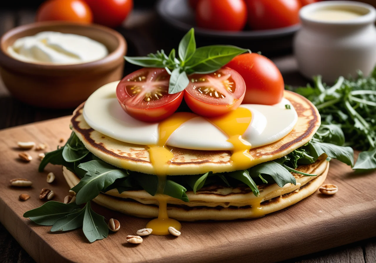 Pancakes with Tomatoes, Mozzarella and Dandelion
