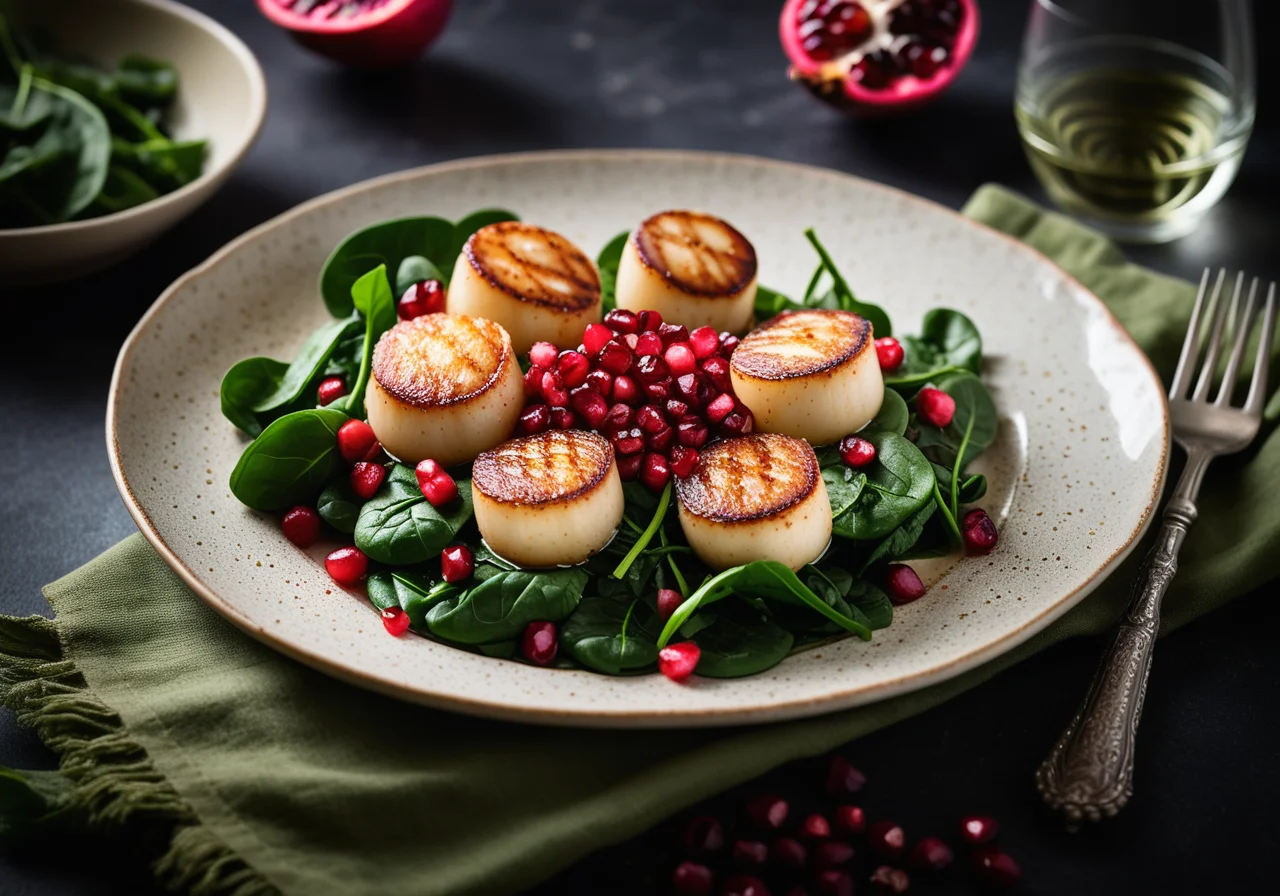 Sea Scallops on Spinach Chickpea Bed with Pomegranate Seeds