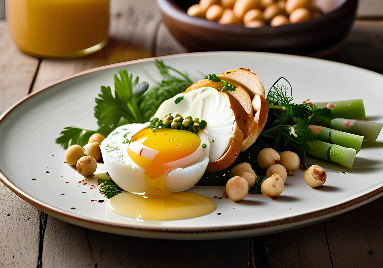 White Asparagus with Chickpeas and Poached Egg