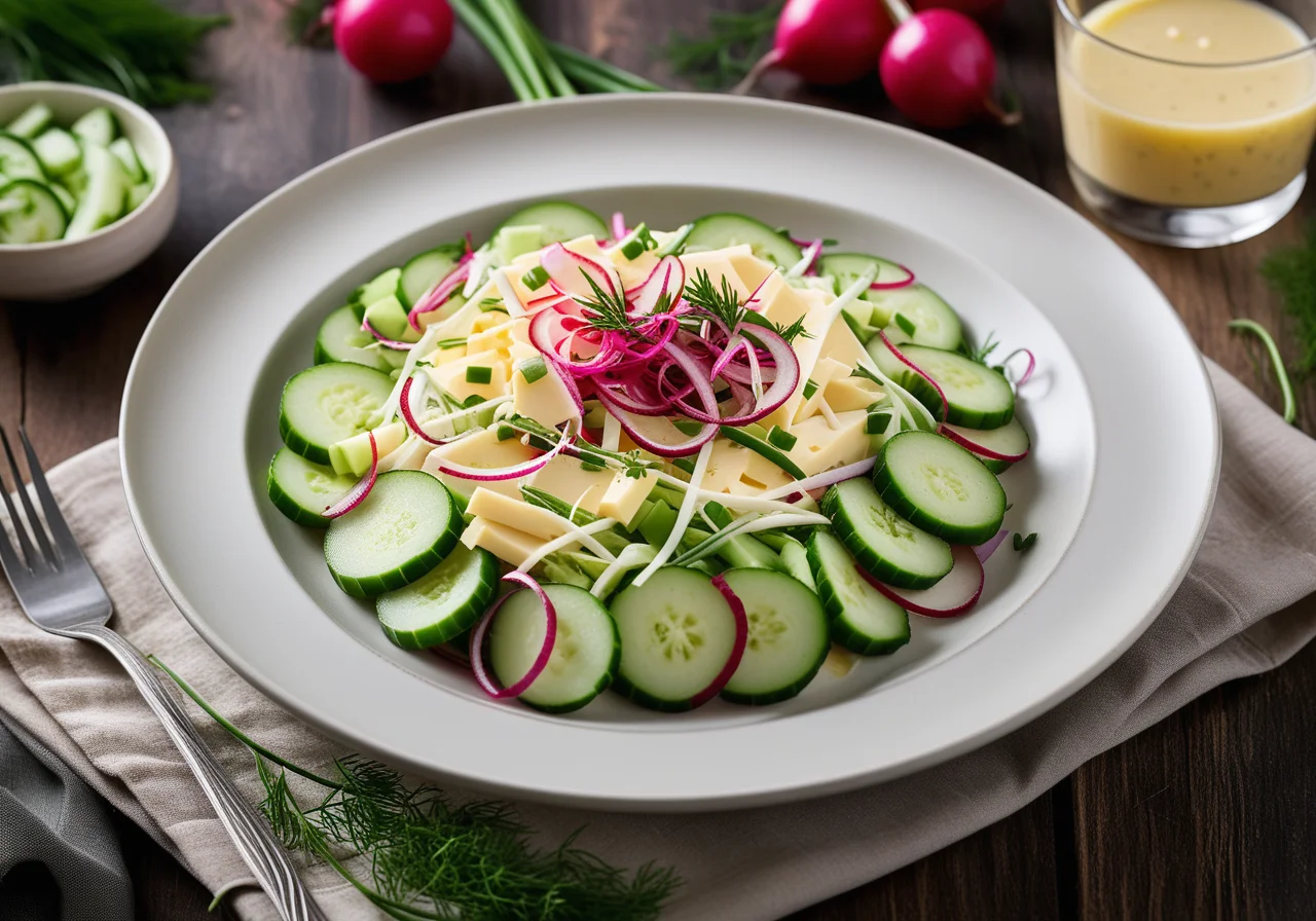 Cheese salad with spring onions and radishes
