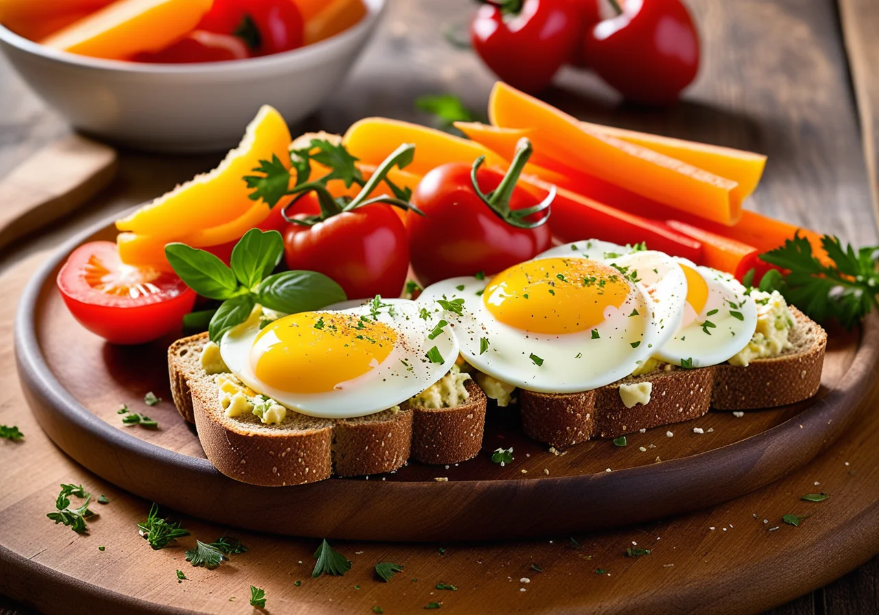 Whole grain toast with egg salad and vegetables