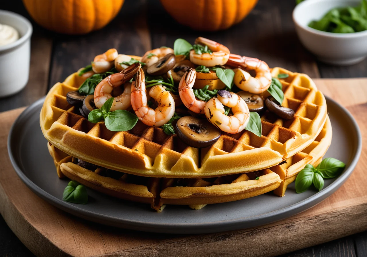 Pumpkin Waffles with Mushroom Shrimp