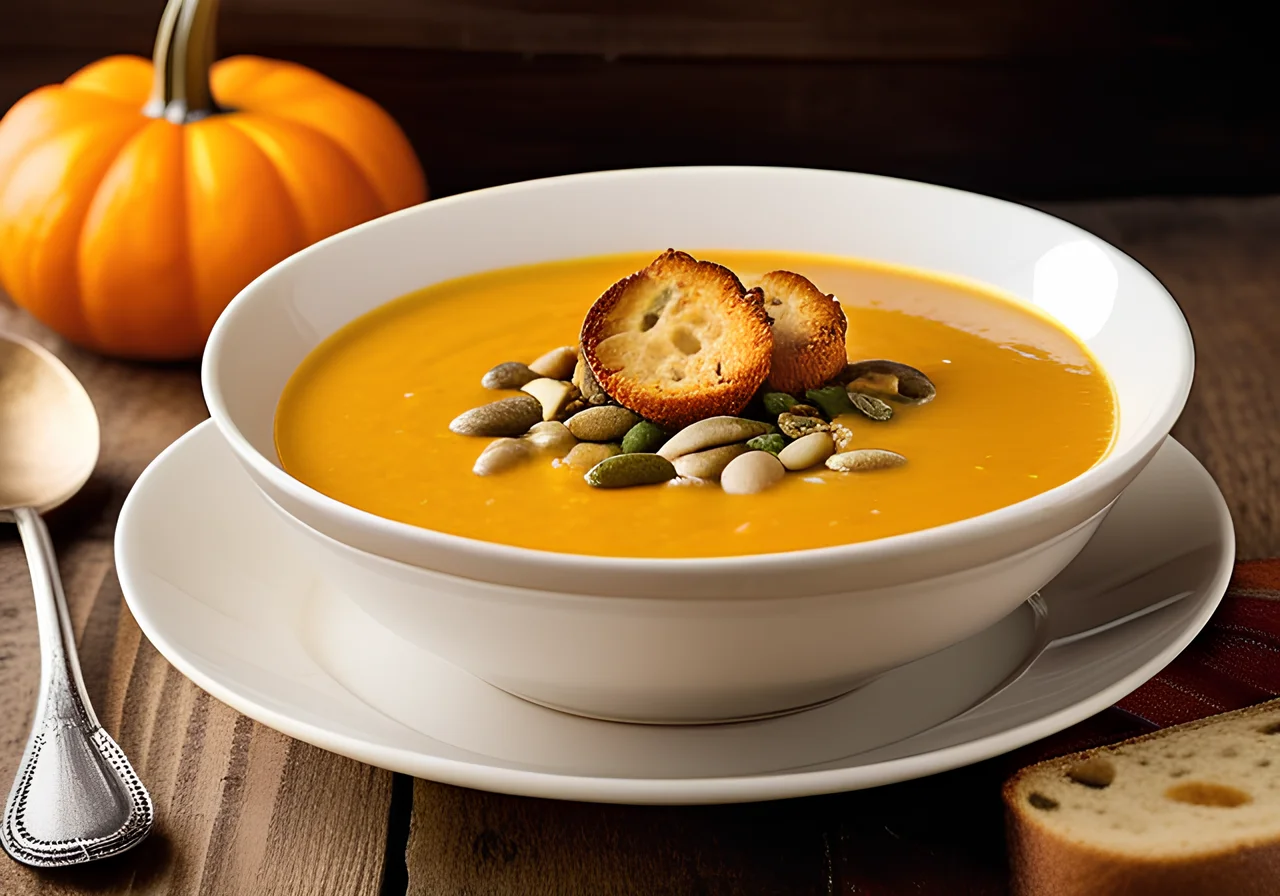 Pumpkin Soup with Seeds and Croutons