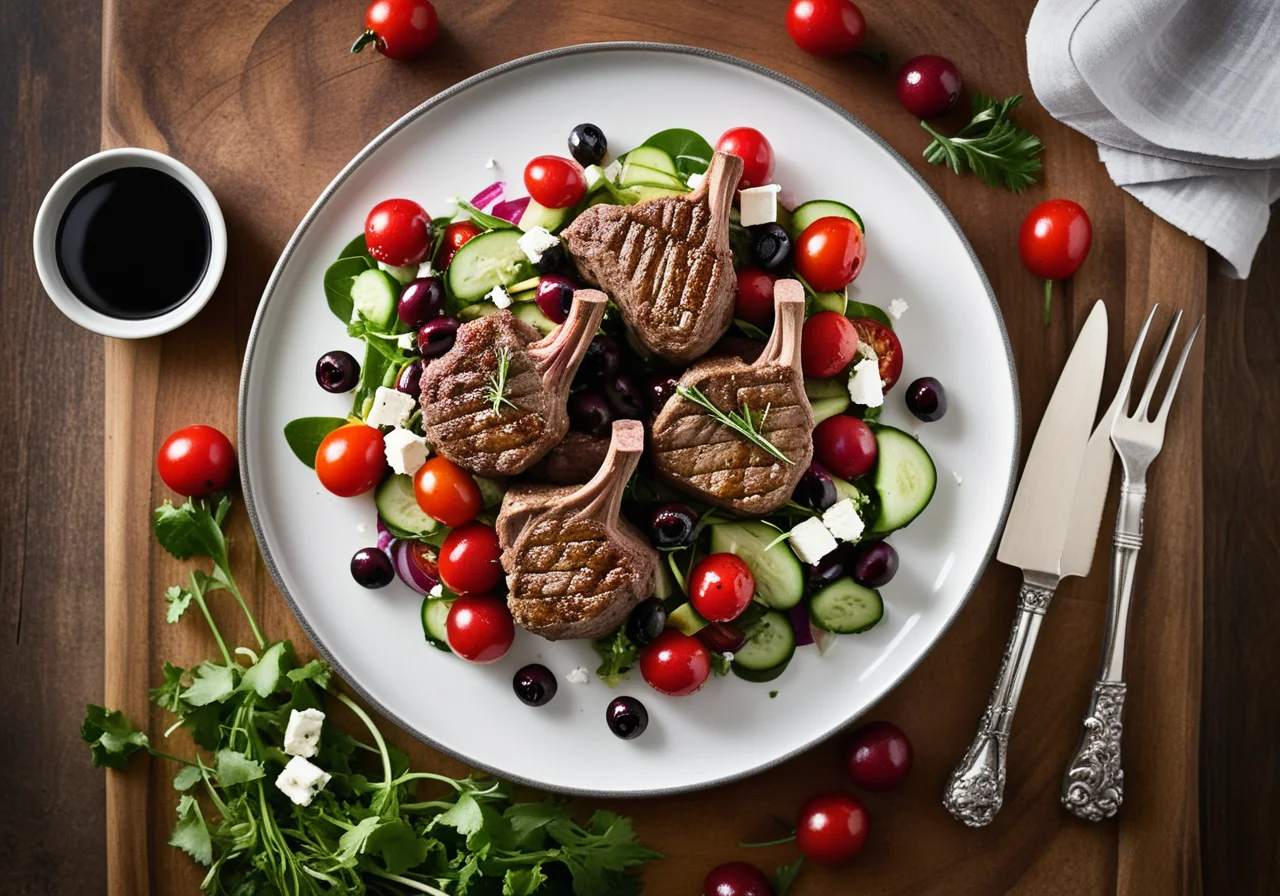 Lamb Chops with Raspberries and Greek Salad