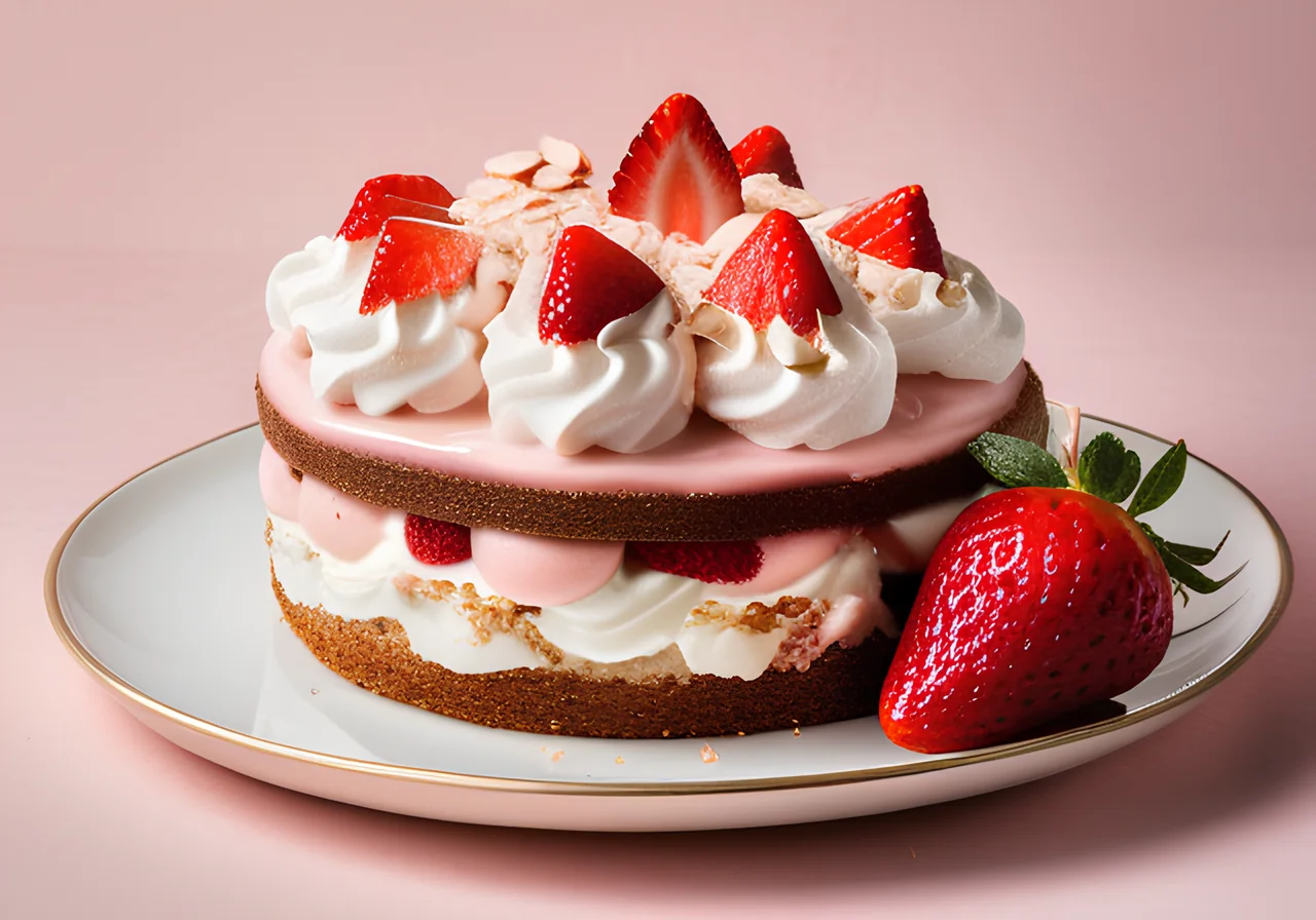 Strawberry Cream Cake with Almond Flakes for Coffee