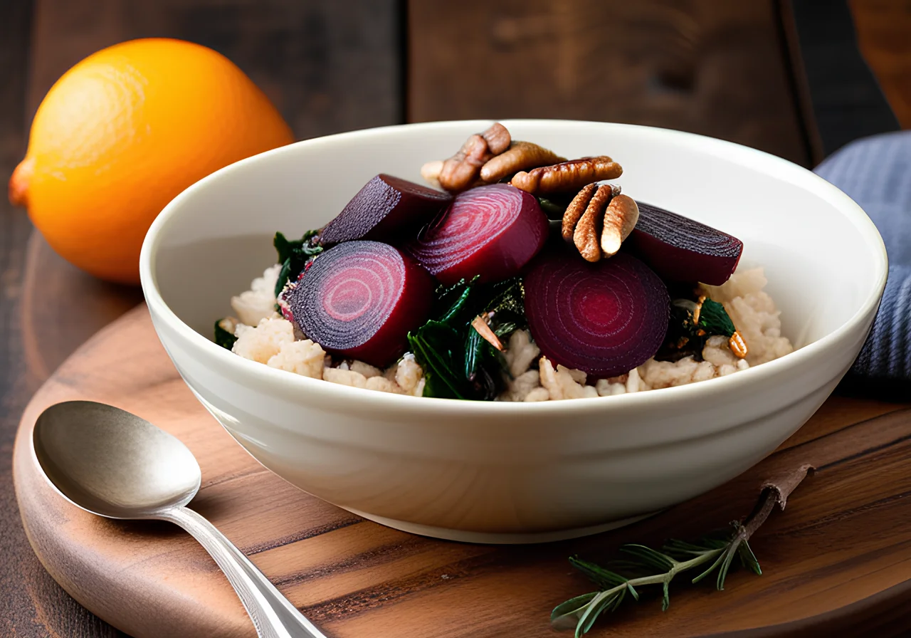Rice Bowl with Baked Beetroot, Swiss Chard and Herb Mushrooms