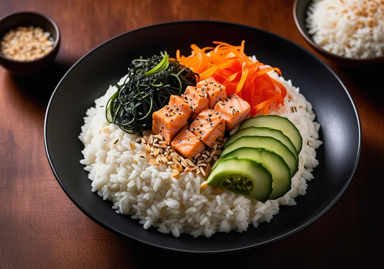 Rice Bowl with Vegan Carrot Salmon and Sesame Chili Dressing