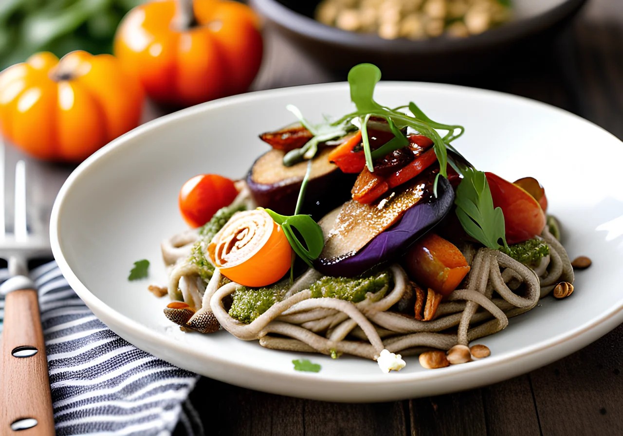 Buckwheat Noodles with Vegetables and Arugula Matcha Pesto