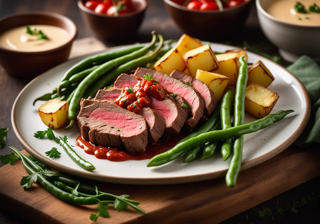 Steak with Pepper Sauce, Fried Potatoes and Beans