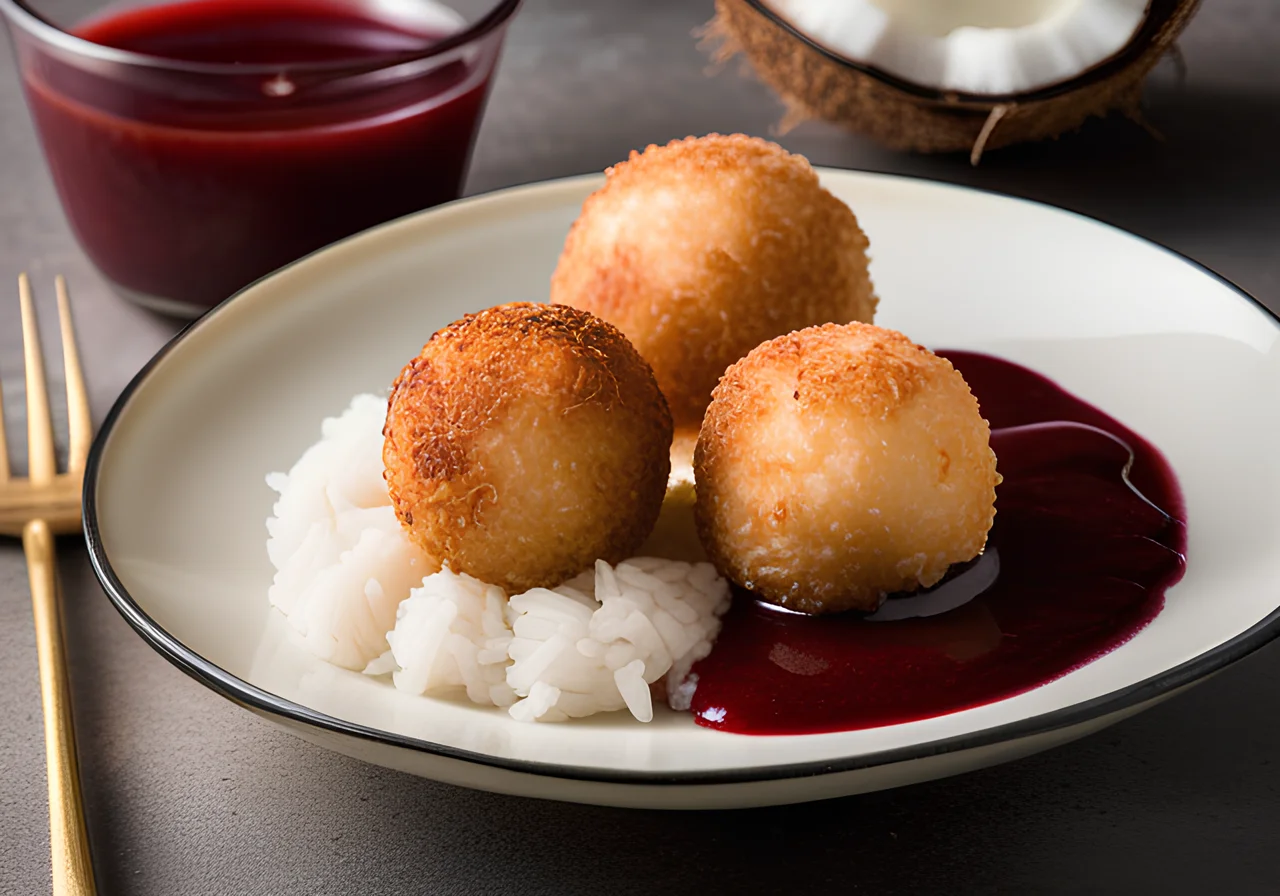 Coconut Rice Balls with Berry Sauce