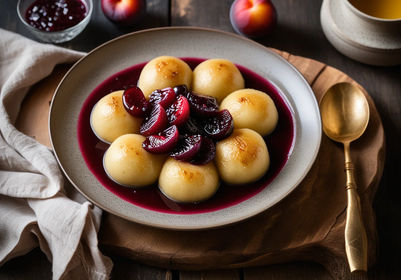 Sweet Semolina Dumplings with Plum Compote
