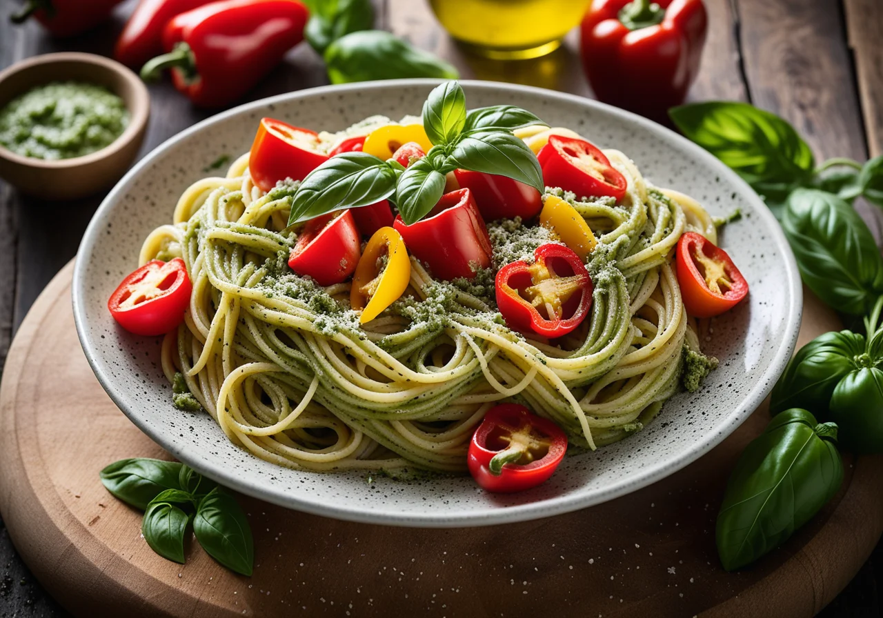 Spaghetti with Bell Peppers and Pesto