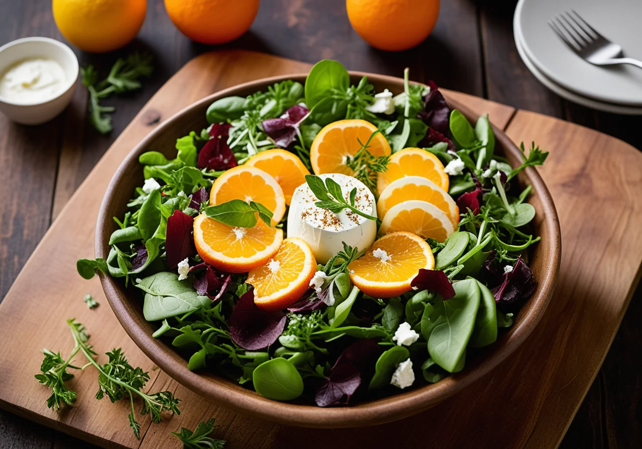 Leafy Salad with Goat Cheese and Orange Vinaigrette