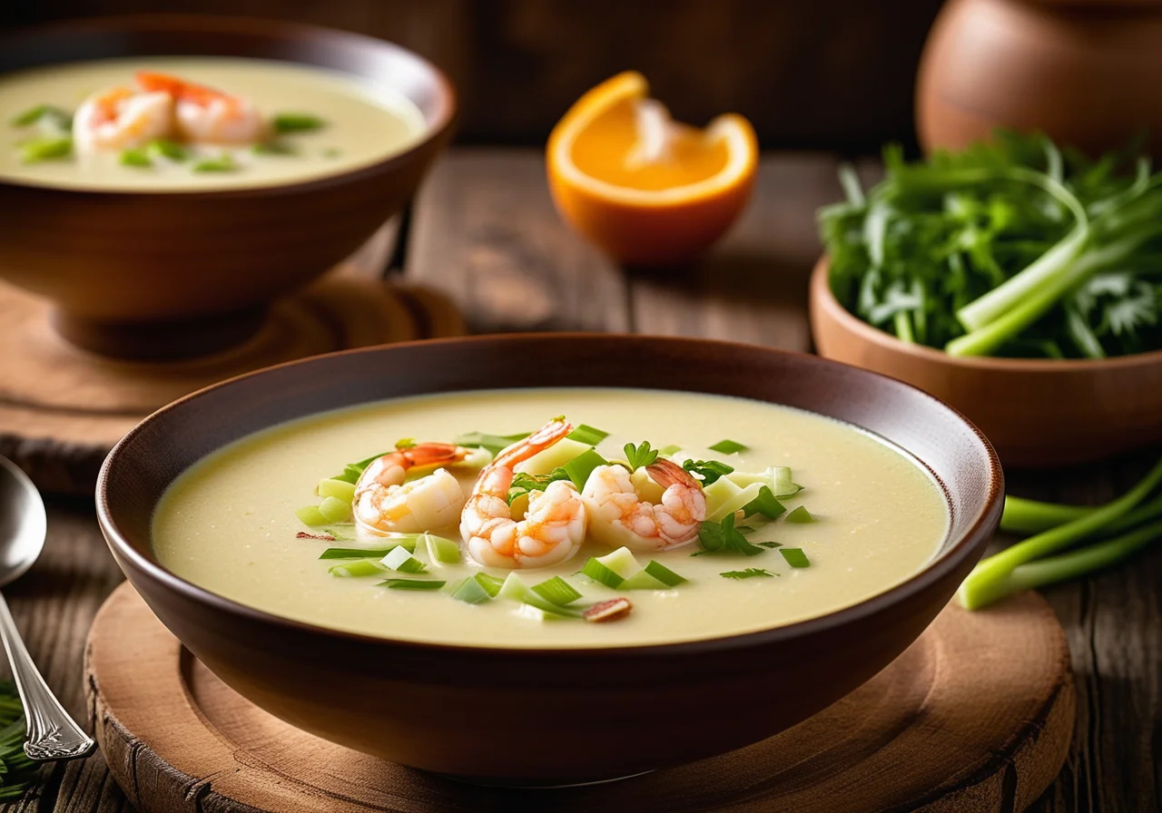 Celery-Orange Soup with Ginger Shrimp