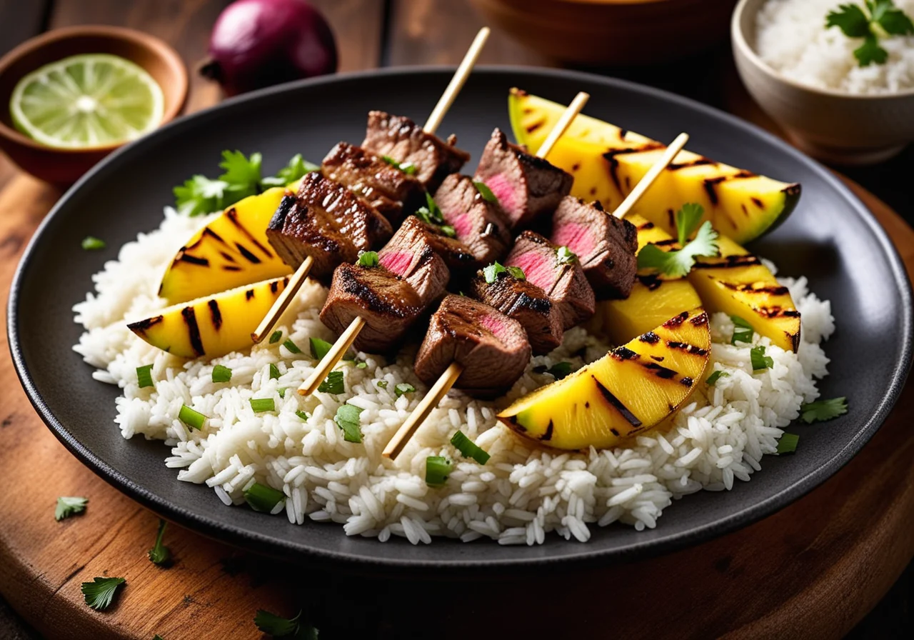 Mediterranean Skewers with Pineapple and Lamb served with Rice