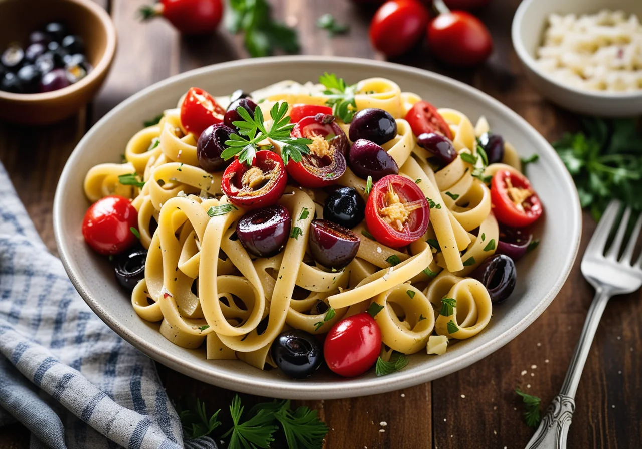 Pasta with Glazed Onions, Sun-Dried Tomatoes, Olives and Feta