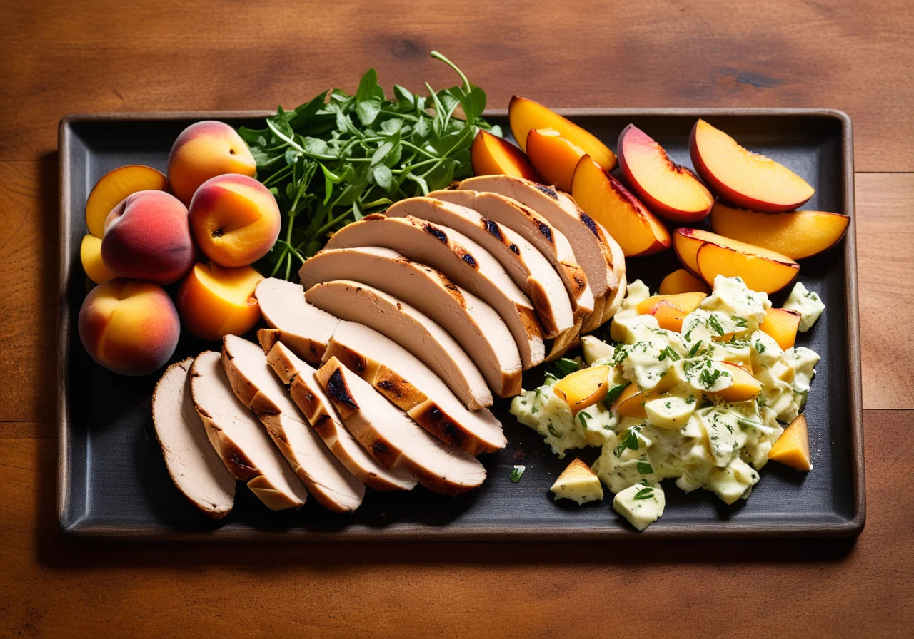 Grilled Chicken Breast with Potato Salad and Peaches