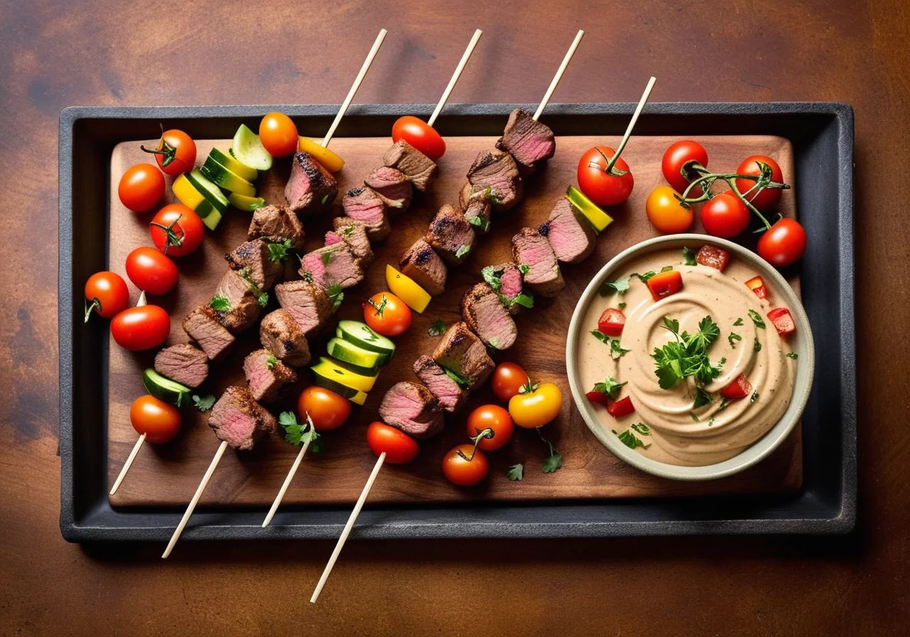 Lamb Skewers with Peanut Dip and Veggie Salsa