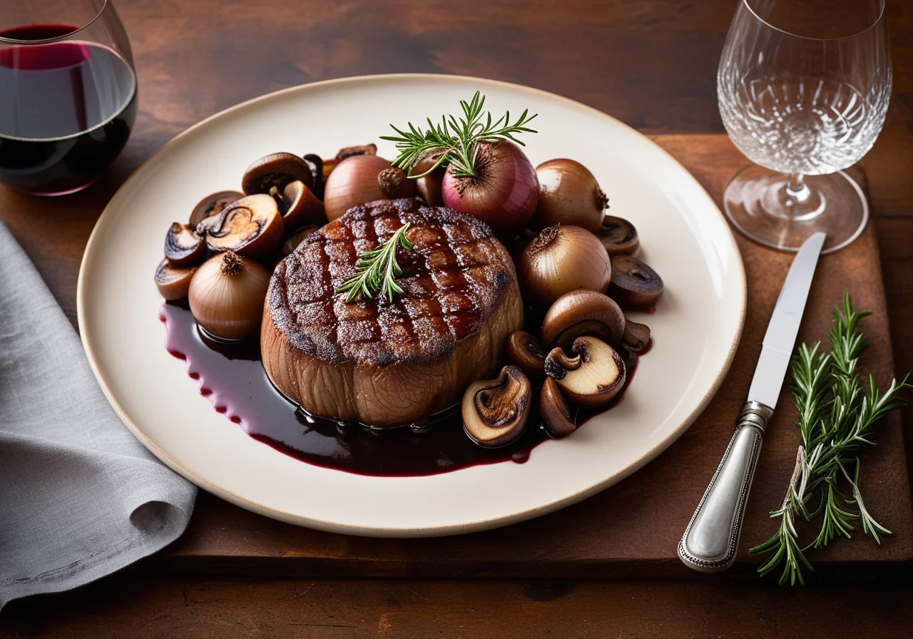 Entrecote with Mushrooms and Whole Onions