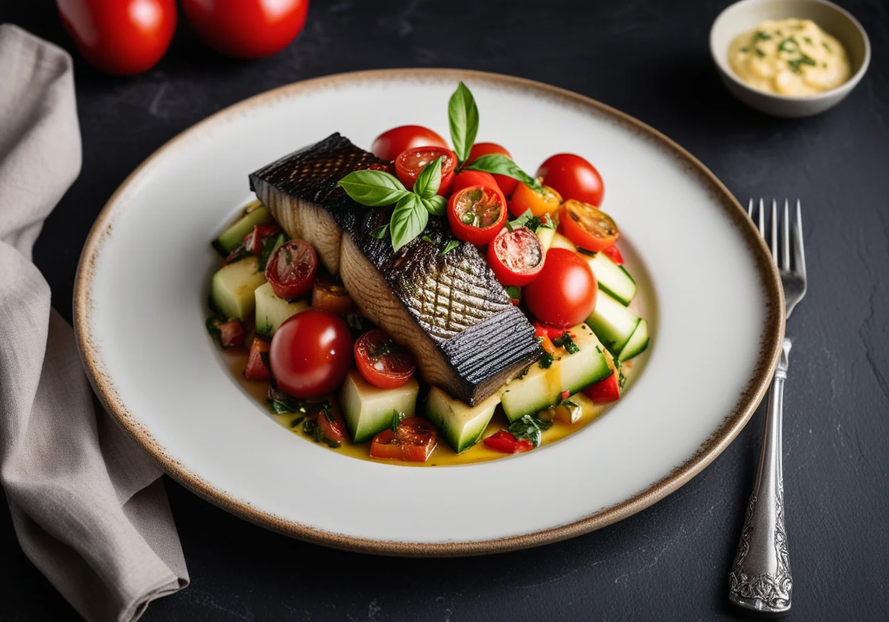 Black Sea Bass with Basil Cap on Artichoke Ratatouille