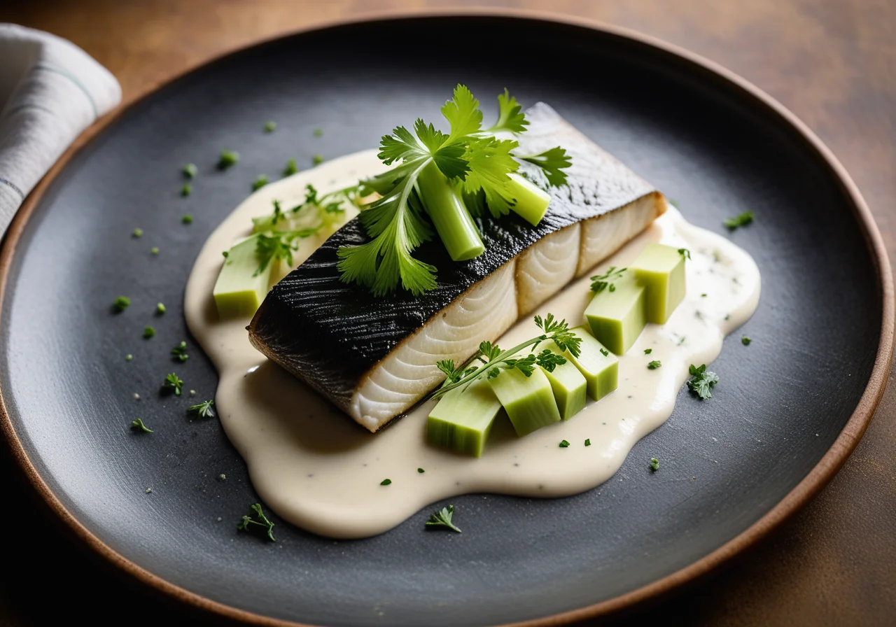 Sea bass with celery and mushroom vegetable