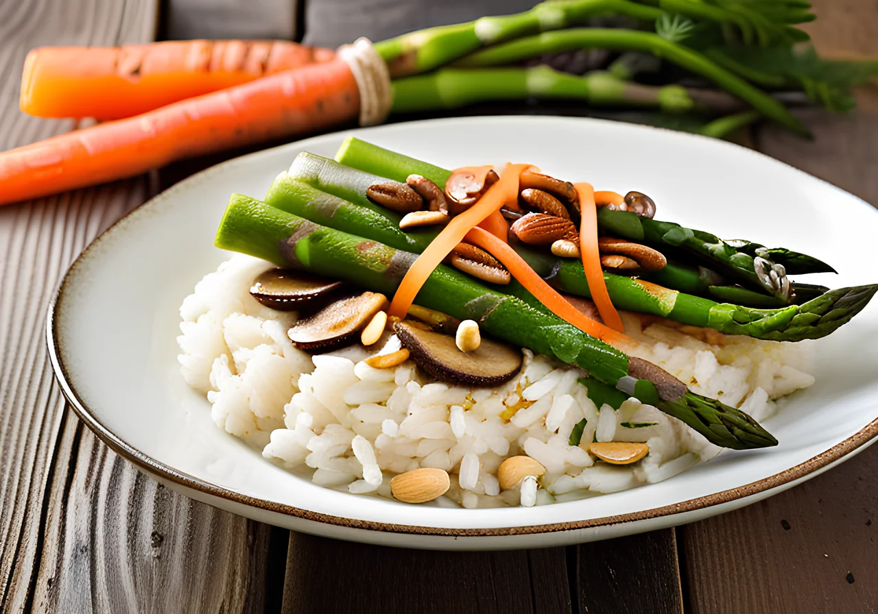 Rice with Green Asparagus, Carrots, Pine Nuts and Peanuts