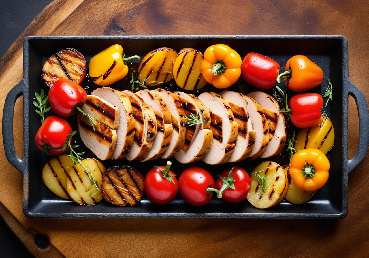 Grilled Chicken Breast with Potatoes and Marinated Bell Peppers
