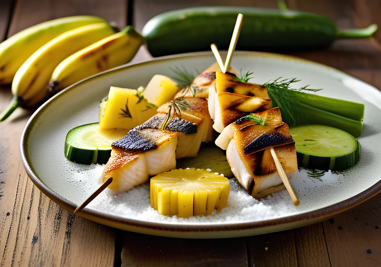 Sea Bass Skewers with Zucchini on Pineapple
