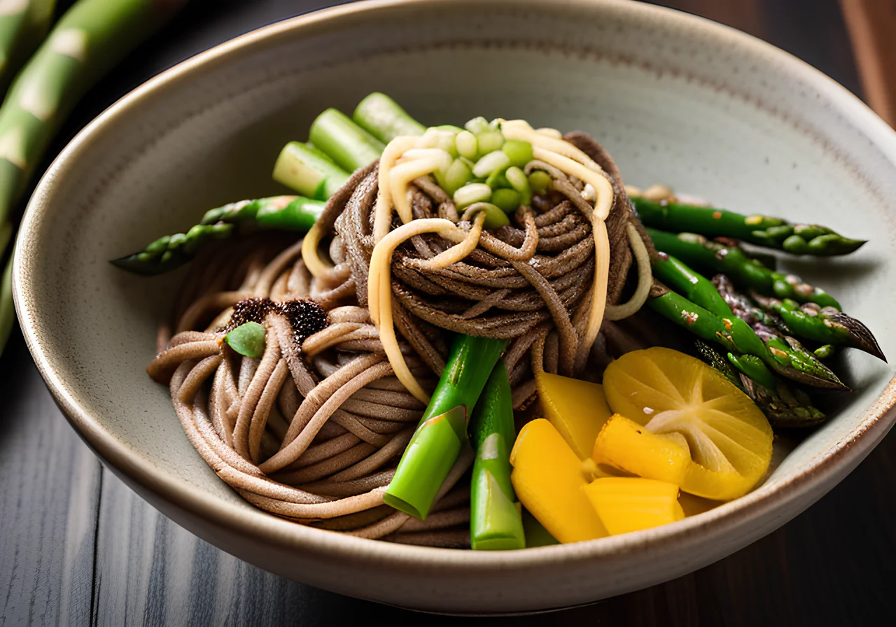 Buddha Bowl with green asparagus and soba noodles